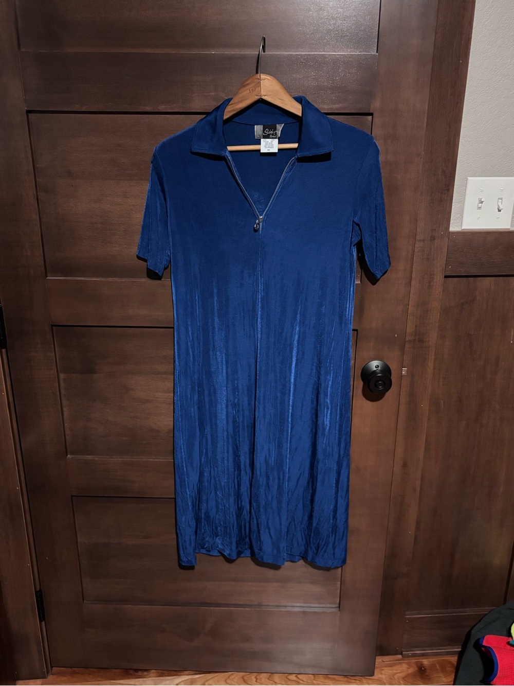 Slinky Brand Short-Sleeve Zip-Front Midi Dress in Navy Blue